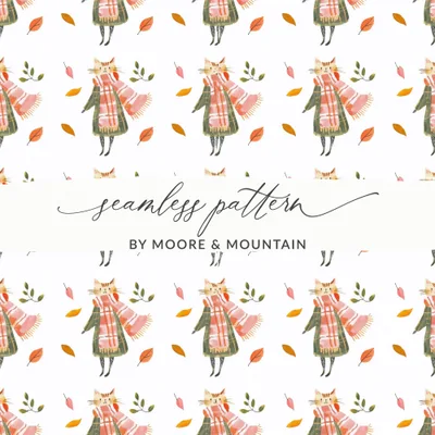 Fall Cat Seamless Pattern Digital Paper, Autumn Leaves Design, Cozy Kitty Print, Cute Animal Pattern, Fabric Design, Scrapbooking Paper