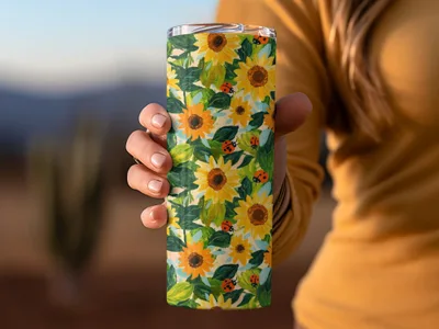 Fall Painted Acrylic Seamless Sunflower and Ladybug Seamless Pattern Bright Floral Design