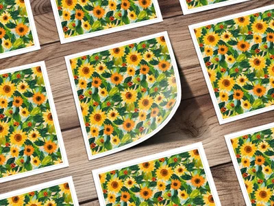 Fall Painted Acrylic Seamless Sunflower and Ladybug Seamless Pattern Bright Floral Design