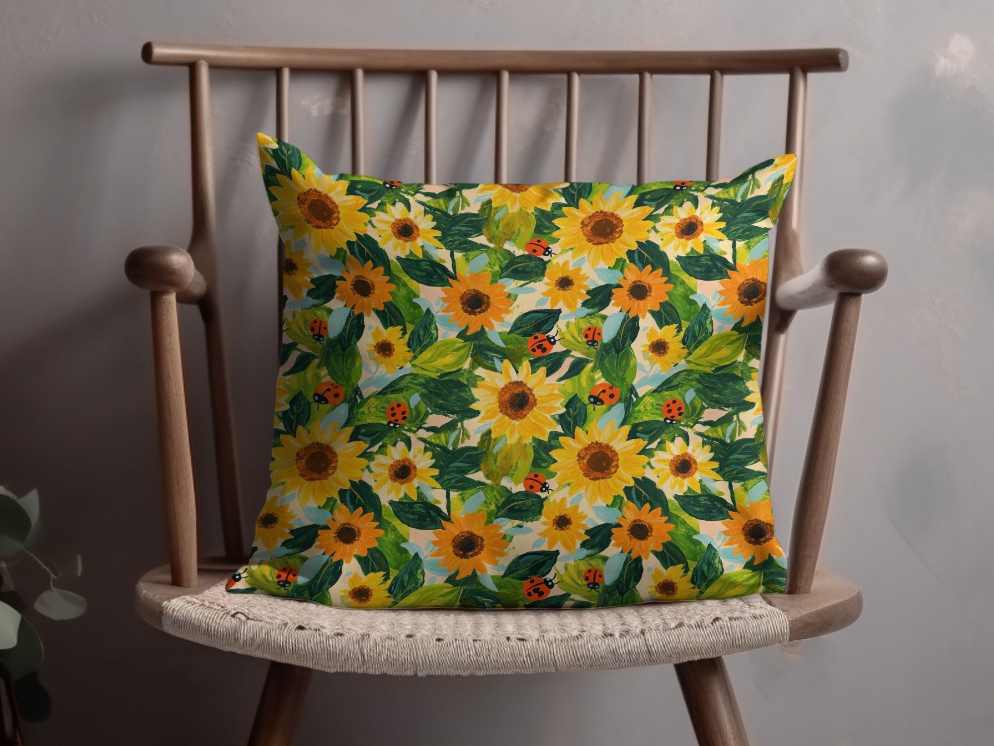 Fall Painted Acrylic Seamless Sunflower and Ladybug Seamless Pattern Bright Floral Design