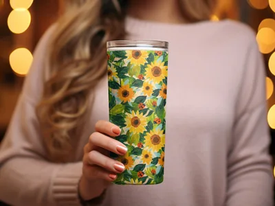 Fall Painted Acrylic Seamless Sunflower and Ladybug Seamless Pattern Bright Floral Design