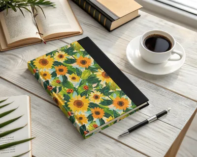 Fall Painted Acrylic Seamless Sunflower and Ladybug Seamless Pattern Bright Floral Design