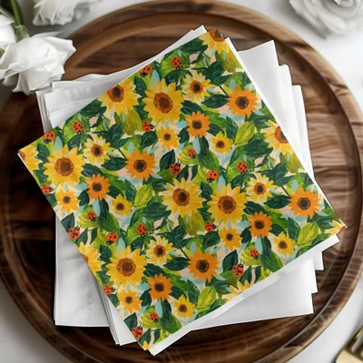 Fall Painted Acrylic Seamless Sunflower and Ladybug Seamless Pattern Bright Floral Design
