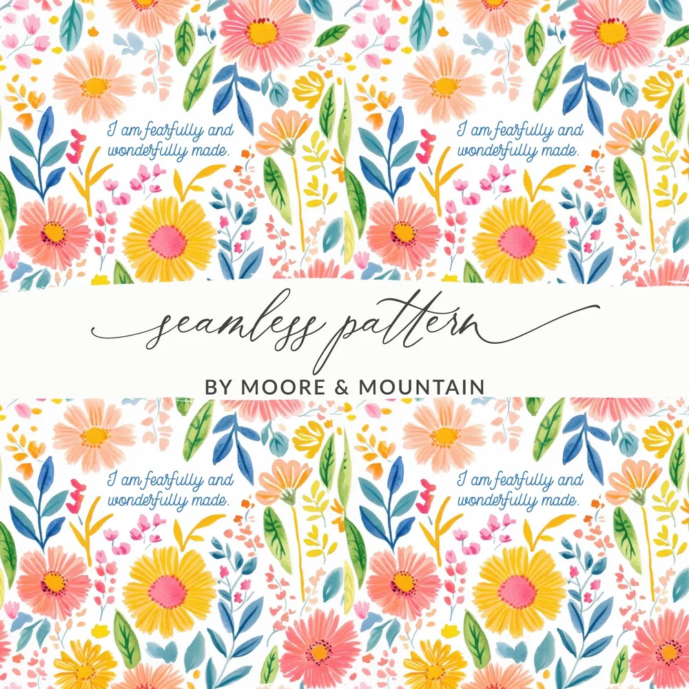 Fearfully Wonderfully Made Digital Art, Watercolor Floral Seamless Pattern, Inspirational Christian Quote, Bible Verse, Printable