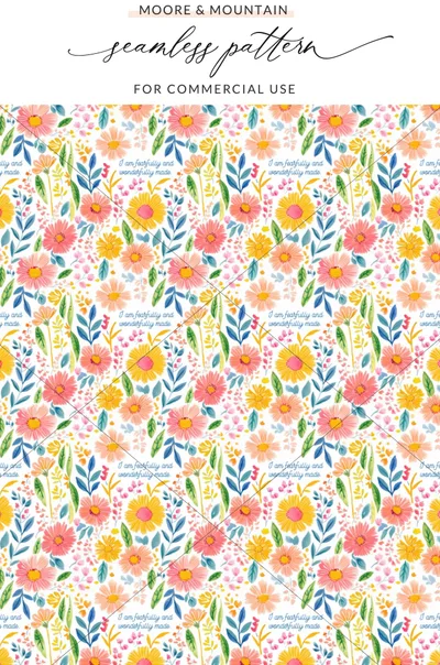 Fearfully Wonderfully Made Digital Art, Watercolor Floral Seamless Pattern, Inspirational Christian Quote, Bible Verse, Printable