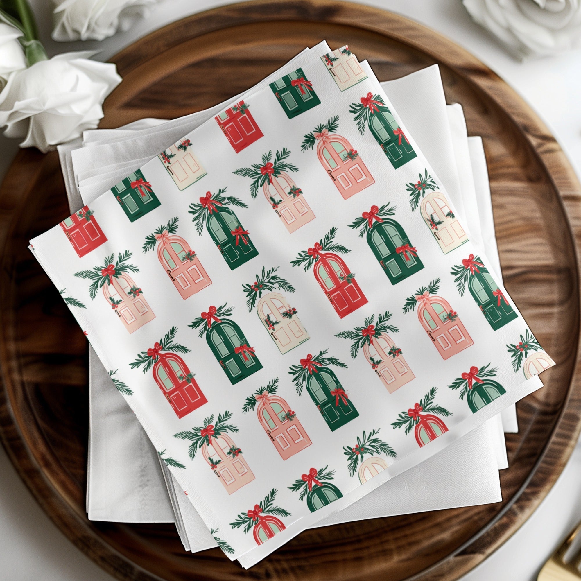 Festive Doors Digital Paper, Christmas Seamless Pattern, Holiday Design Resource, Scrapbooking Paper, Fabric Design, Background Texture