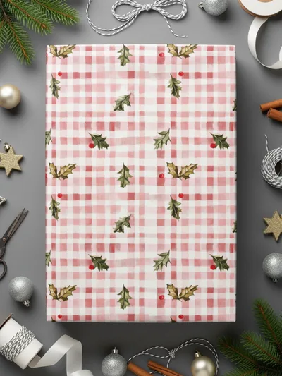 Festive Holly Berries On Plaid Background Great Gift Digital