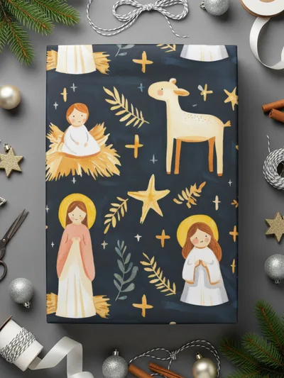 Festive Nativity Seamless Background Angels Stars on Dark Backdrop Digital