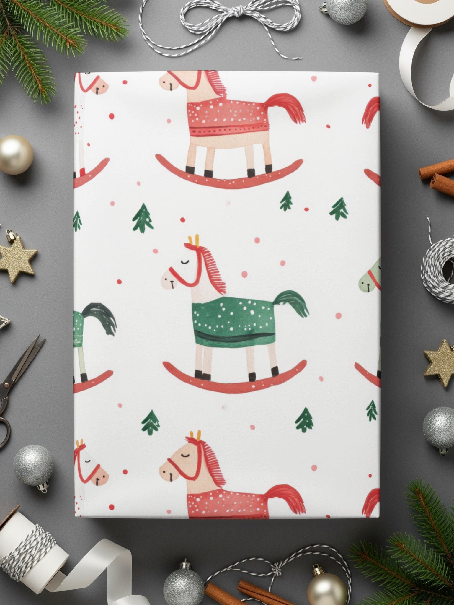 Festive Rocking Horse and Christmas Trees Pattern Digital