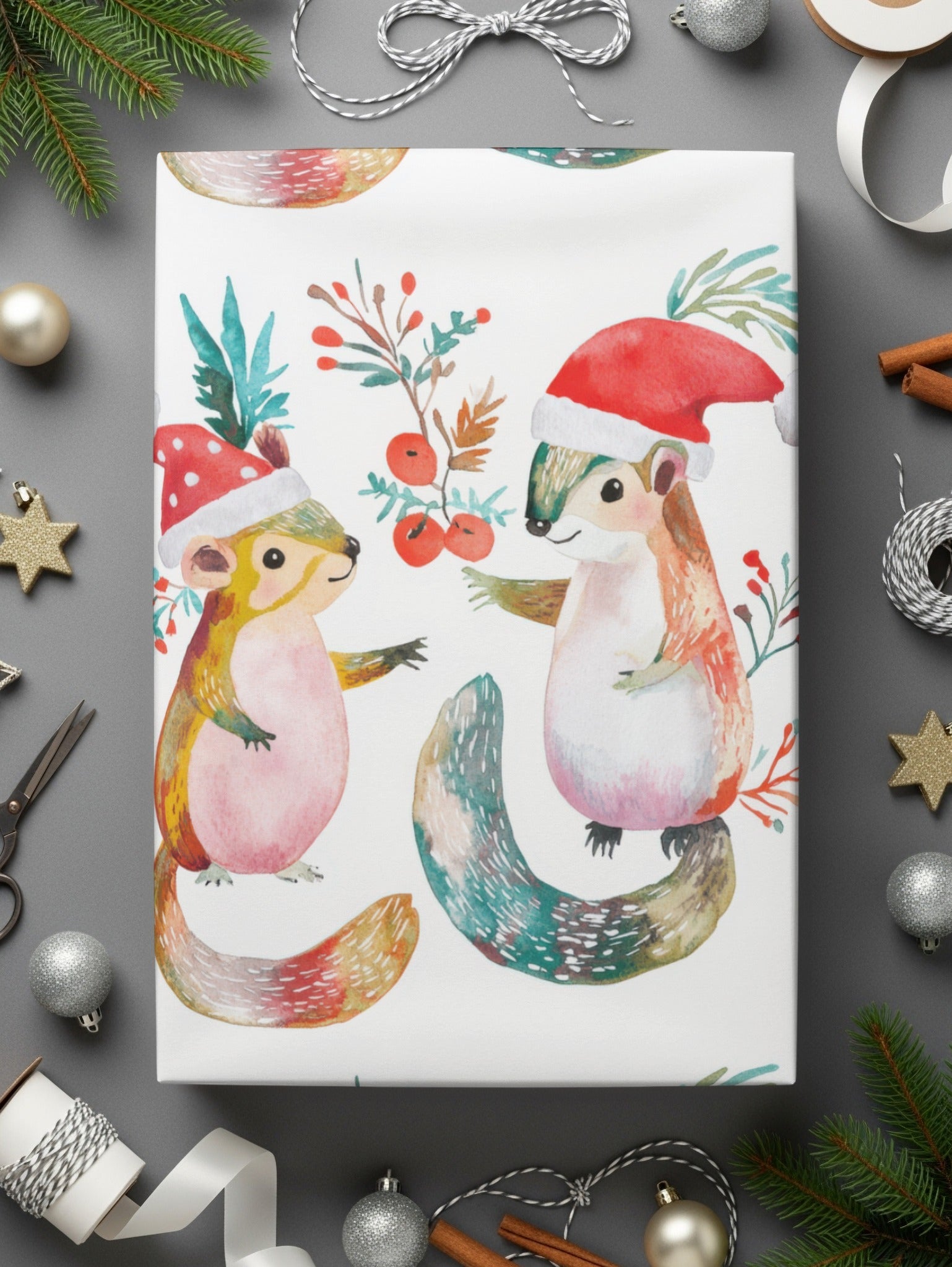 Festive Squirrels In Santa Hats Repeat Pattern Digital