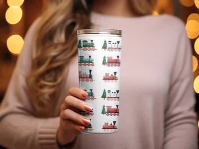Festive Trains Christmas Seamless Pattern Xmas Trees Seamless Holiday Pattern Digital