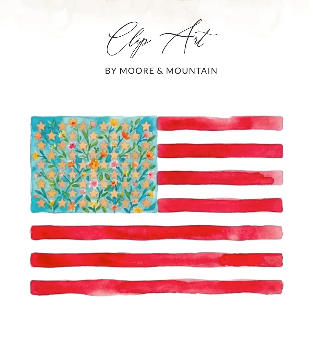 Floral American Flag Digital Print, Watercolor Patriotic Stars Stripes PNG, 4th of July Independence Day Art, Shabby Chic Boho US Flag