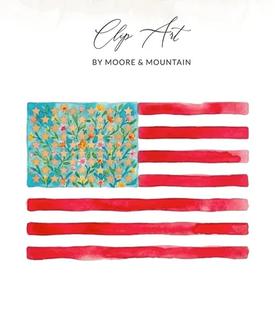 Floral American Flag Digital Print, Watercolor Patriotic Stars Stripes PNG, 4th of July Independence Day Art, Shabby Chic Boho US Flag