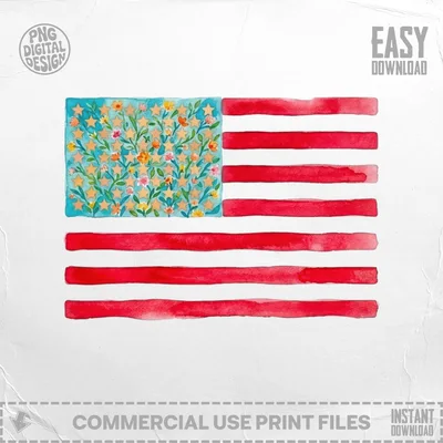 Floral American Flag Digital Print, Watercolor Patriotic Stars Stripes PNG, 4th of July Independence Day Art, Shabby Chic Boho US Flag