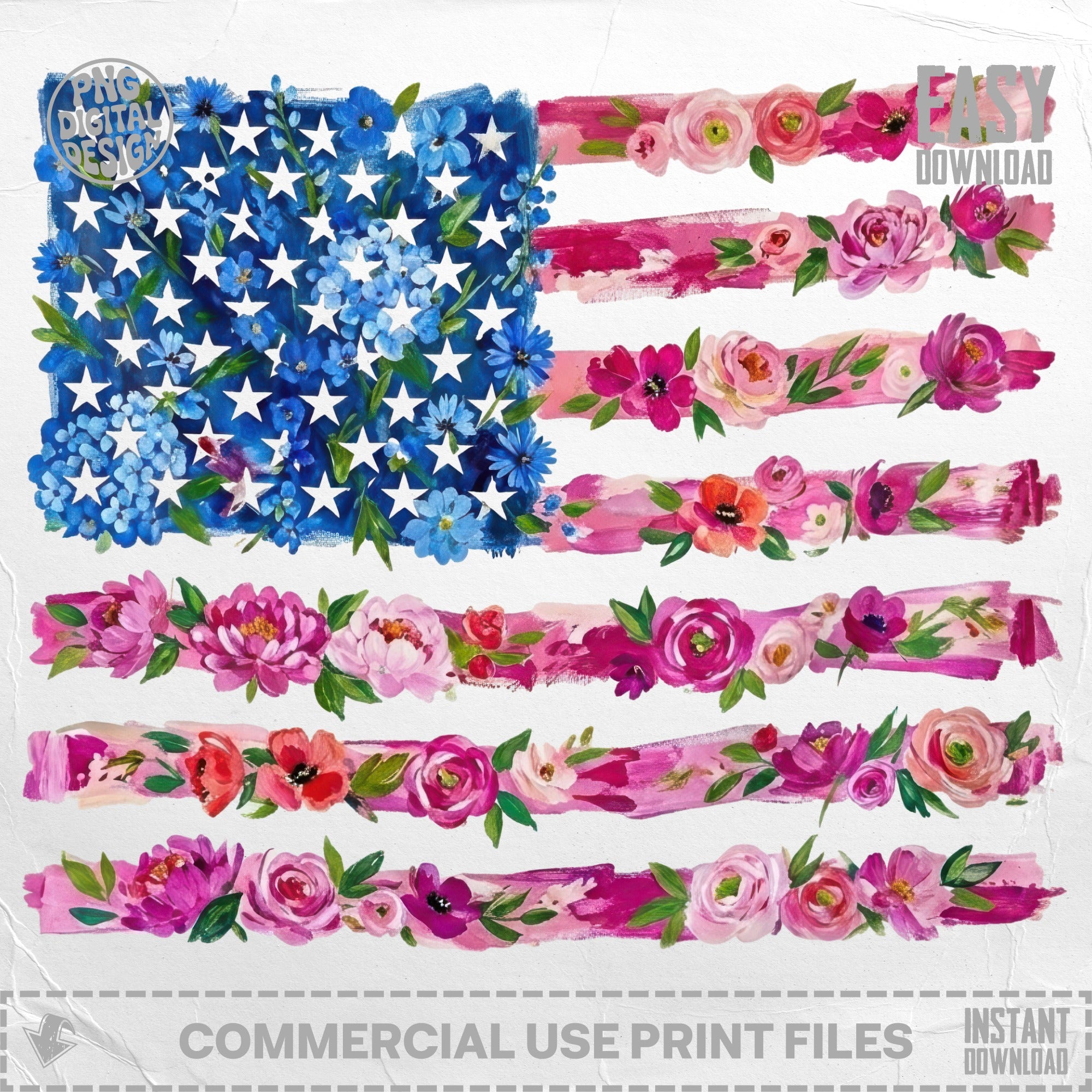 Floral American Flag PNG T Shirt Design, Flower American Flag T Shirt SVG and PNG Digital Files