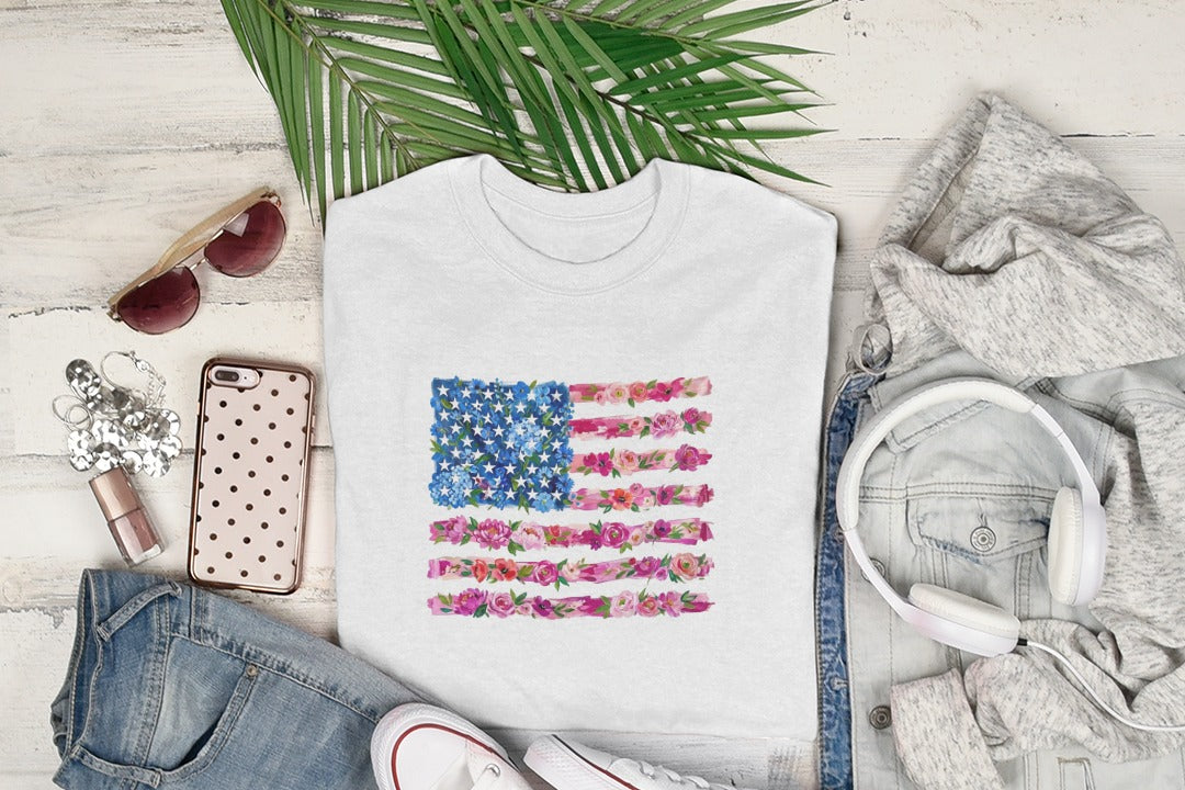 Floral American Flag PNG T Shirt Design, Flower American Flag T Shirt SVG and PNG Digital Files