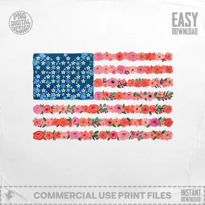 Floral American Flag T-Shirt Digital Design | Patriotic Flower USA Flag SVG PNG | 4th of July Independence Day Tee