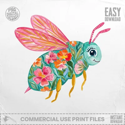 Floral Bee Digital Art PNG, Cute Watercolor Bee Clipart, Whimsical Spring Bee Download, Nature Lover Gift, Instant Digital File