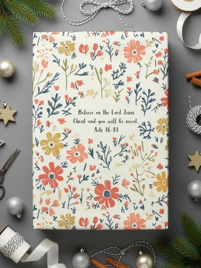 Floral Bible Verse Digital Paper, Acts 16 31, Seamless Pattern, Scripture Digital Download, Commercial Use, Print On Demand, Flowers