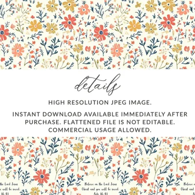Floral Bible Verse Digital Paper, Acts 16 31, Seamless Pattern, Scripture Digital Download, Commercial Use, Print On Demand, Flowers
