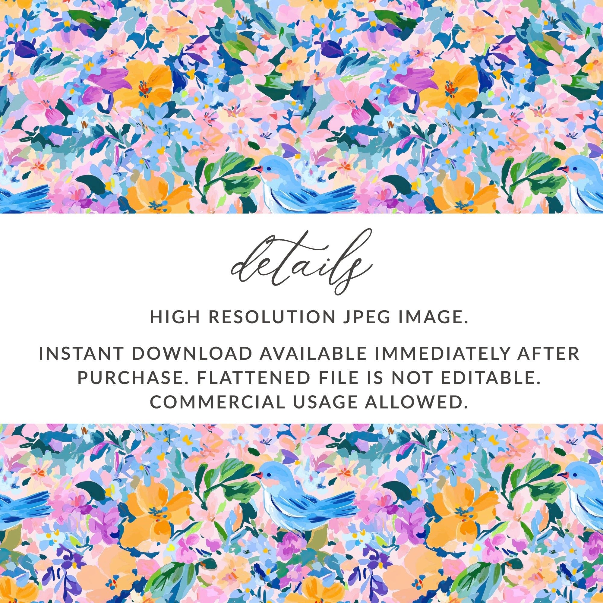Floral Bird Digital Paper, Seamless Pattern, Fabric Design, Printable Backgrounds, Scrapbooking, Digital Download, Flower Digital