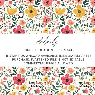 Floral Birthday Digital Paper, Pink Yellow Flower Seamless Pattern, Commercial Use, Digital Download, Scrapbook Paper (130)