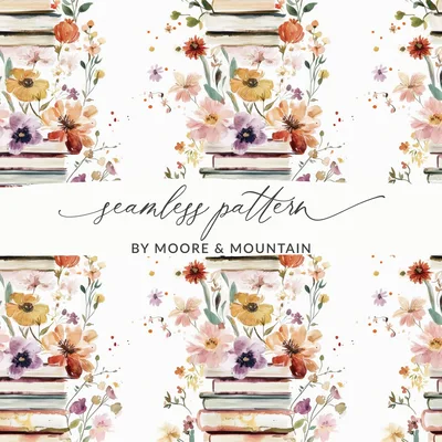 Floral Books Digital Paper, Seamless Book Pattern, Watercolor Flowers Design, Books and Flowers Pattern, Reading Theme Digital File