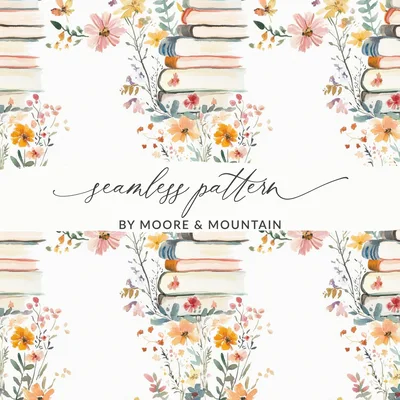 Floral Books Digital Paper, Seamless Pattern for Fabric, Watercolor Flowers Design, Floral Background, Digital Download