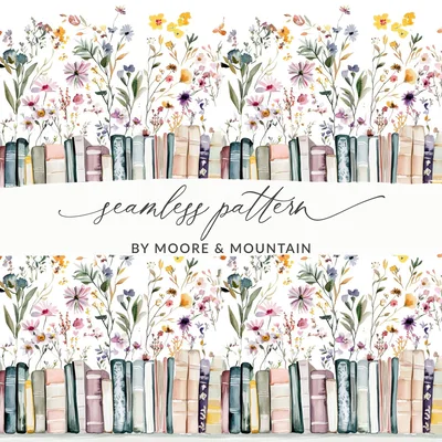 Floral Bookshelf Digital Paper, Seamless Wildflower Pattern, Book Lover Background, Watercolor Flower Design, Reading Nook Decor, Digital