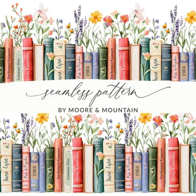 Floral Bookshelf Seamless Pattern Digital Paper, Watercolor Book Spine Art, Classic Novel Design, JPEG Download, Reader Gift, Two Scales
