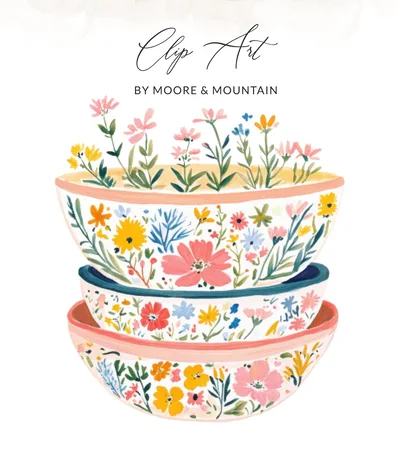 Floral Bowls SVG, Preppy Clip Art Digital Download, Whimsical Spring Wildflower Kitchen Decor Illustration, Aesthetic Graphic