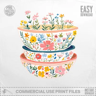 Floral Bowls SVG, Preppy Clip Art Digital Download, Whimsical Spring Wildflower Kitchen Decor Illustration, Aesthetic Graphic