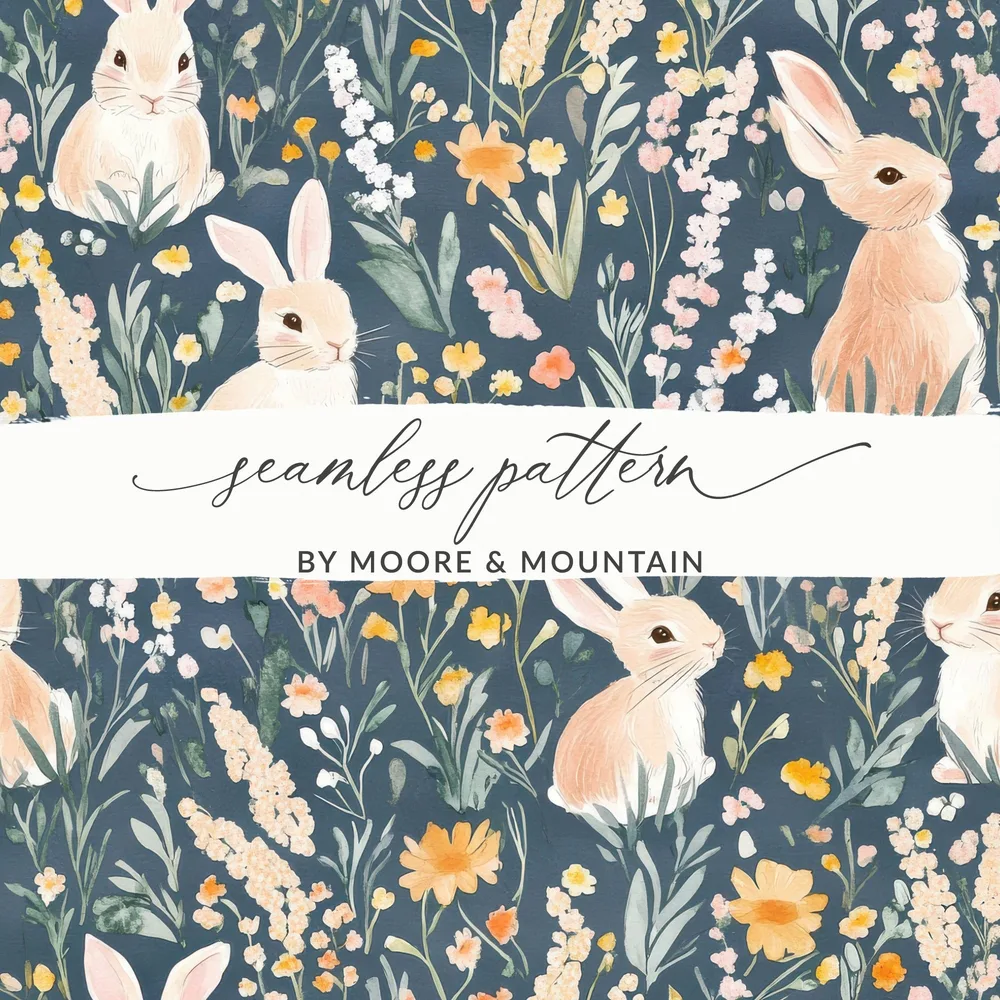 Floral Bunny Digital Paper, Easter Seamless Pattern, Cute Rabbit Print, Watercolor Flower Art, Spring Background, Kids Wallpaper, Digital