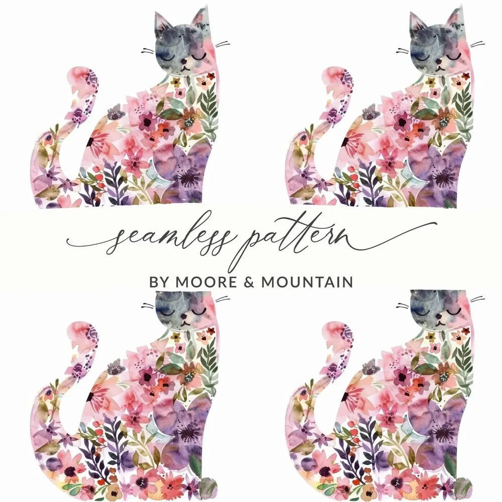Floral Cat Digital Paper, Seamless Pattern, Watercolor Kitten Art, 12x12 JPEG, Commercial Use, Print on Demand, Cat Lover Gift