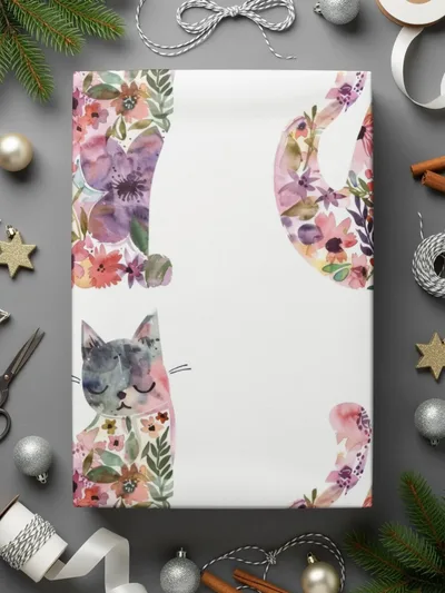 Floral Cat Digital Paper, Seamless Pattern, Watercolor Kitten Art, 12x12 JPEG, Commercial Use, Print on Demand, Cat Lover Gift