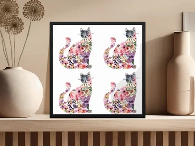Floral Cat Digital Paper, Seamless Pattern, Watercolor Kitten Art, 12x12 JPEG, Commercial Use, Print on Demand, Cat Lover Gift