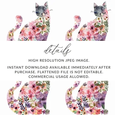 Floral Cat Digital Paper, Seamless Pattern, Watercolor Kitten Art, 12x12 JPEG, Commercial Use, Print on Demand, Cat Lover Gift