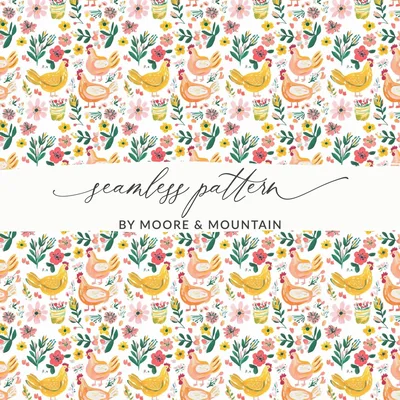 Floral Chicken Seamless Pattern Digital Paper, Farmhouse Print, Watercolor Chicken Fabric Design, Commercial Use License