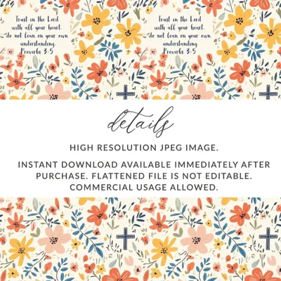 Floral Christian Seamless Pattern, Proverbs 3 5 Scripture, Faith Based Design, Digital Paper Pack, Commercial Use, Print On Demand OK