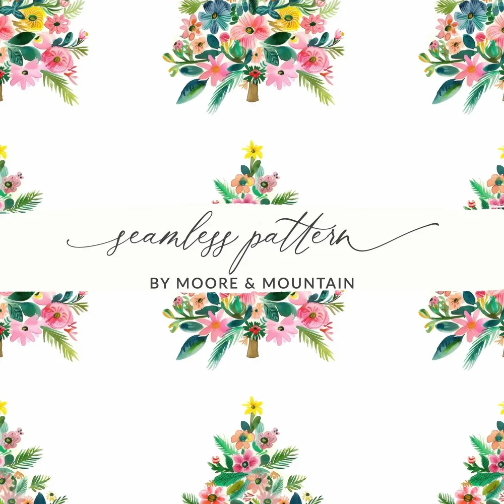 Floral Christmas Tree Digital Paper, Watercolor Seamless Pattern, Holiday Design, Festive Digital Download, Scrapbook Paper, Fabric Print