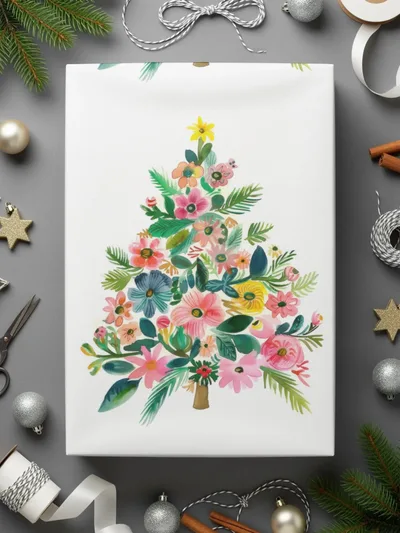 Floral Christmas Tree Digital Paper, Watercolor Seamless Pattern, Holiday Design, Festive Digital Download, Scrapbook Paper, Fabric Print