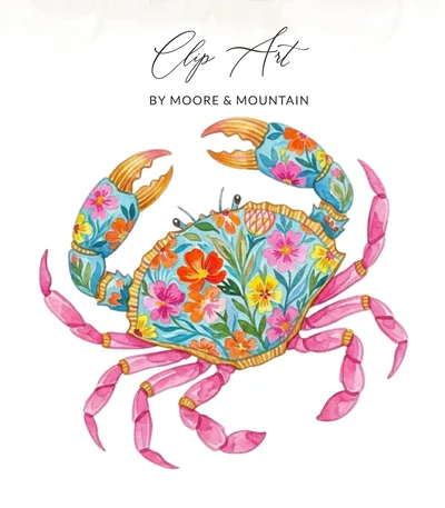 Floral Crab Preppy Clip Art Digital Download PNG, Watercolor Coastal Crab Art, Beach Life Summer Ocean Animal Design, Digital