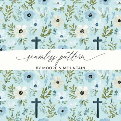Floral Cross Seamless Pattern, Digital Download, Flower Backgrounds, 12x12 JPEG, Pastel Floral Digital Paper, Religious Backgrounds
