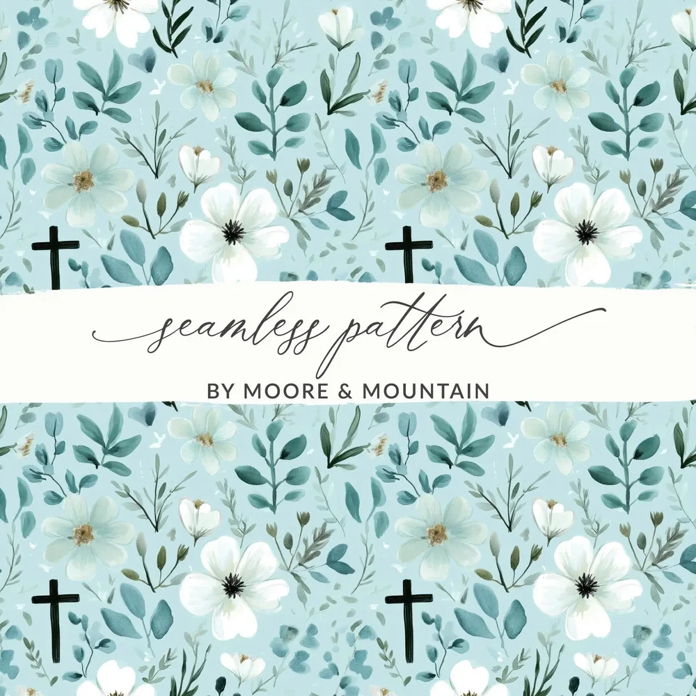 Floral Cross Seamless Pattern, Digital Paper, Spring Flowers, Religious Fabric Design, Easter Background, Faith Based Printable Design