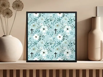 Floral Cross Seamless Pattern, Digital Paper, Spring Flowers, Religious Fabric Design, Easter Background, Faith Based Printable Design