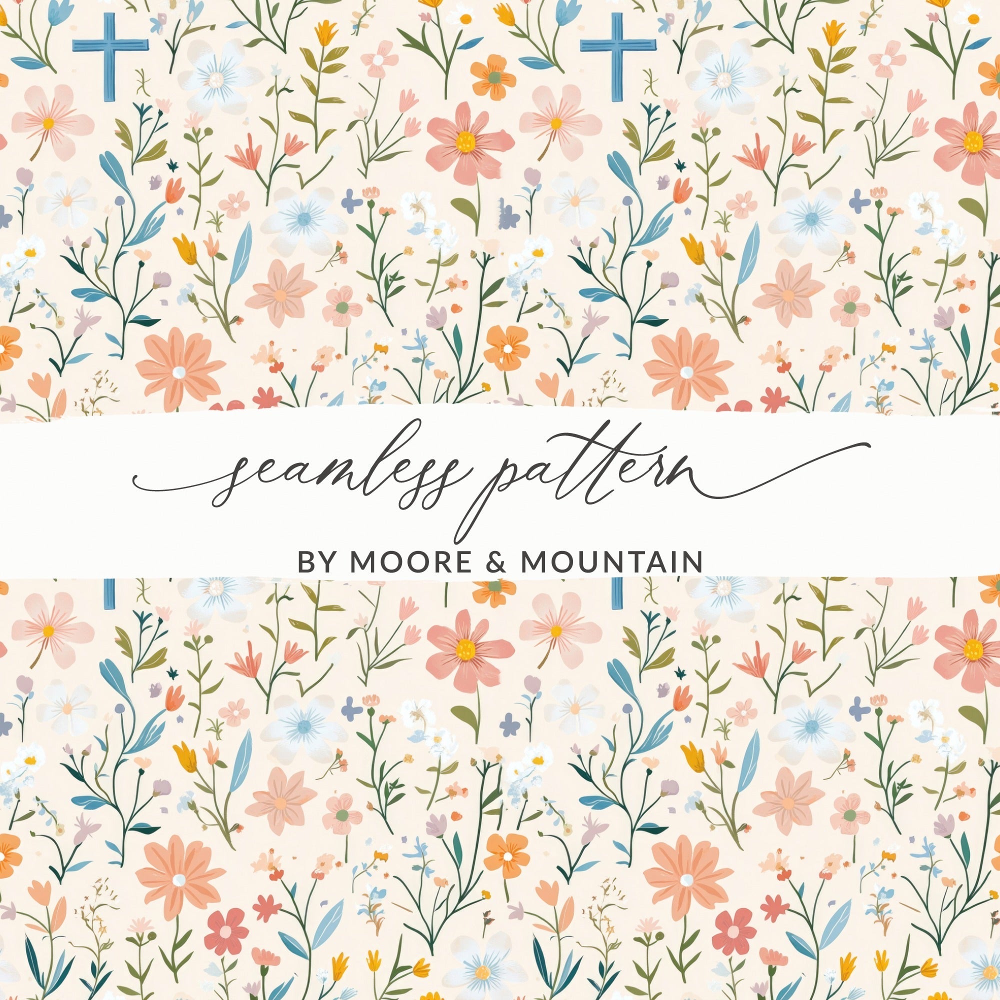 Floral Cross Seamless Pattern Digital, Pastel Flower Digital Paper, Religious Easter Background, Spring Floral Print Fabric, 2 JPEG files