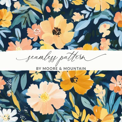 Floral Digital Paper, Flower Pattern, Dark Blue Background, Spring Blossom Digital Download, Scrapbooking Paper, Fabric Design, Prints