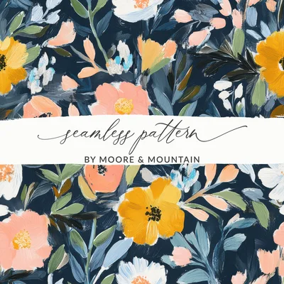 Floral Digital Paper, Painted Flower Pattern, Seamless Texture, Dark Background, Printable Design, Scrapbook Paper, Fabric Design