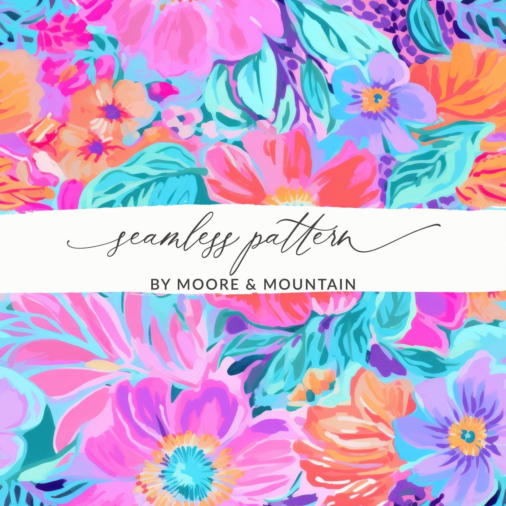 Preppy Purple and Teal Seamless Flower Pattern, Bright Colorful Floral Print, Pink Blue Floral Design, Neon Purple Preppy Floral Seamless Pattern