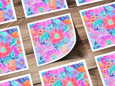 Preppy Purple and Teal Seamless Flower Pattern, Bright Colorful Floral Print, Pink Blue Floral Design, Neon Purple Preppy Floral Seamless Pattern